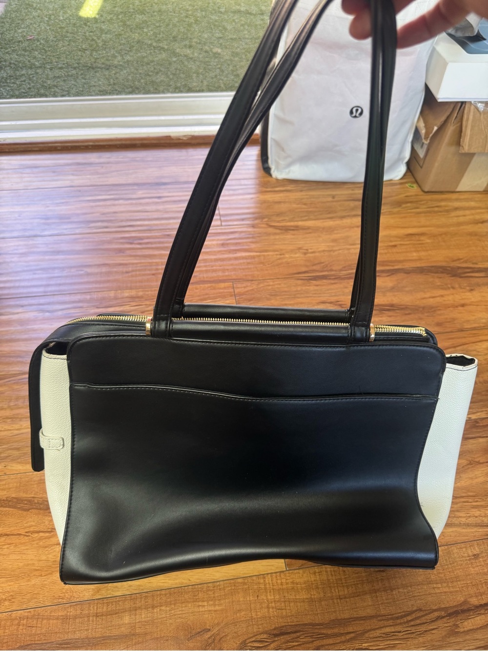 A New Day Satchel Purse Bag w/ Padded Laptop Section Black & White Gold Hardware